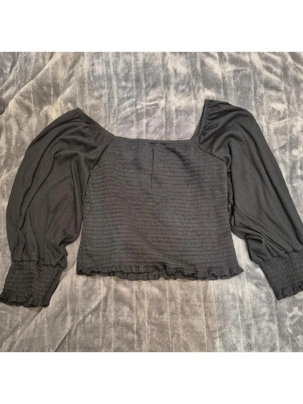 Anthropologie Black Smocked Square Neck Balloon Sleeve Bls